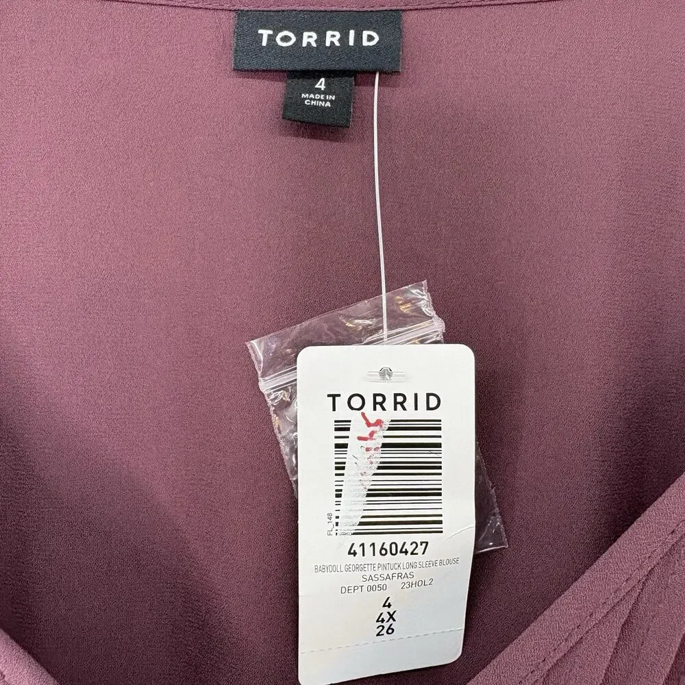 Torrid‎ Sz 4 (26/28) Wine Baby Doll Georgette Pintuck Long Sleeve Sheer Blouse - Picture 5 of 6